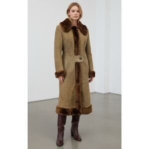 Vintage Faux Shearling Suede Coat Brown Fur Trim Long Warm Jacket Size XS/S